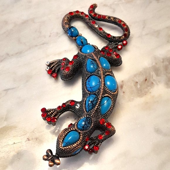 4 inch Turquoise and Red Crystal Gecko Brooch - Picture 2 of 11